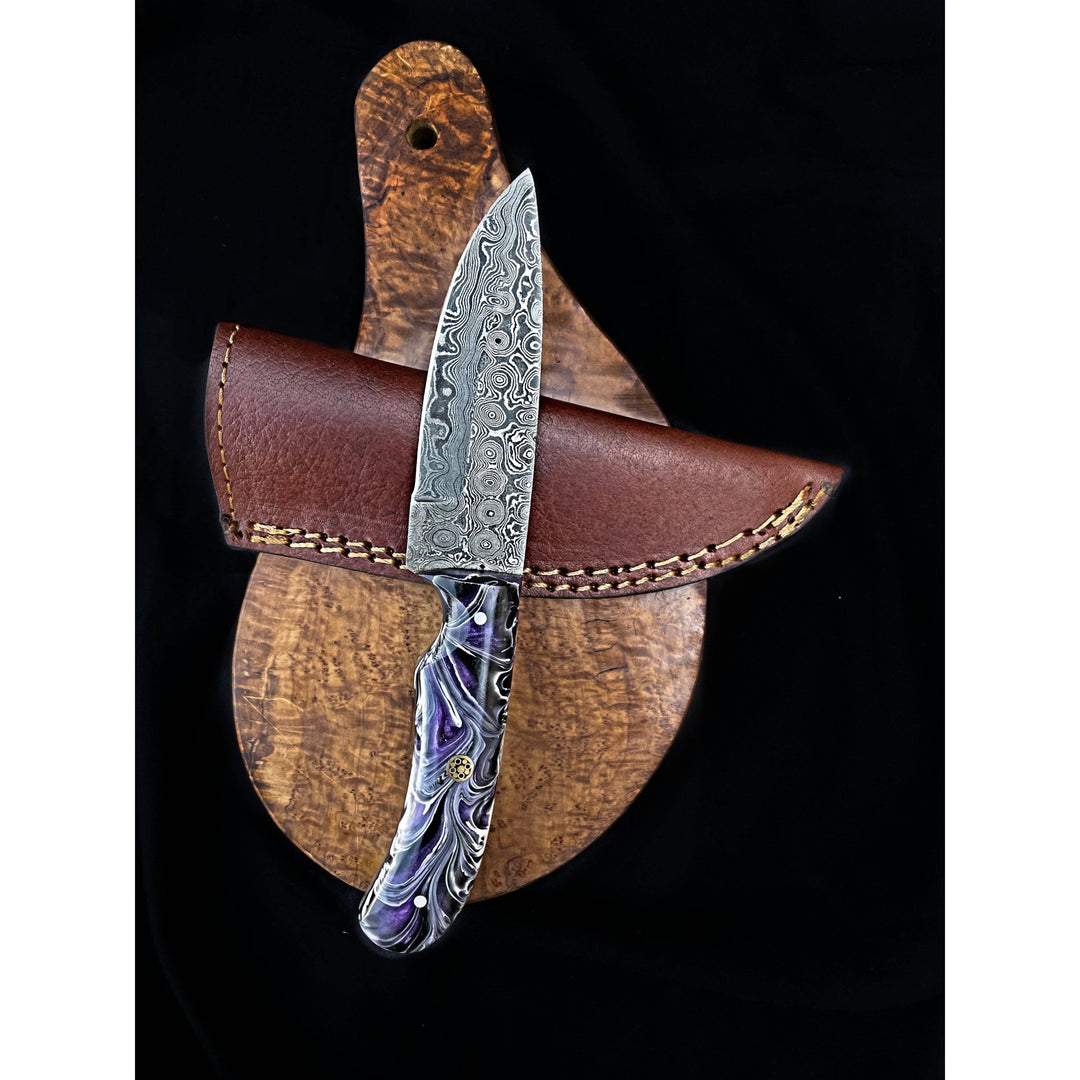 Custom Swirl Purple Heart - Damascus Knife