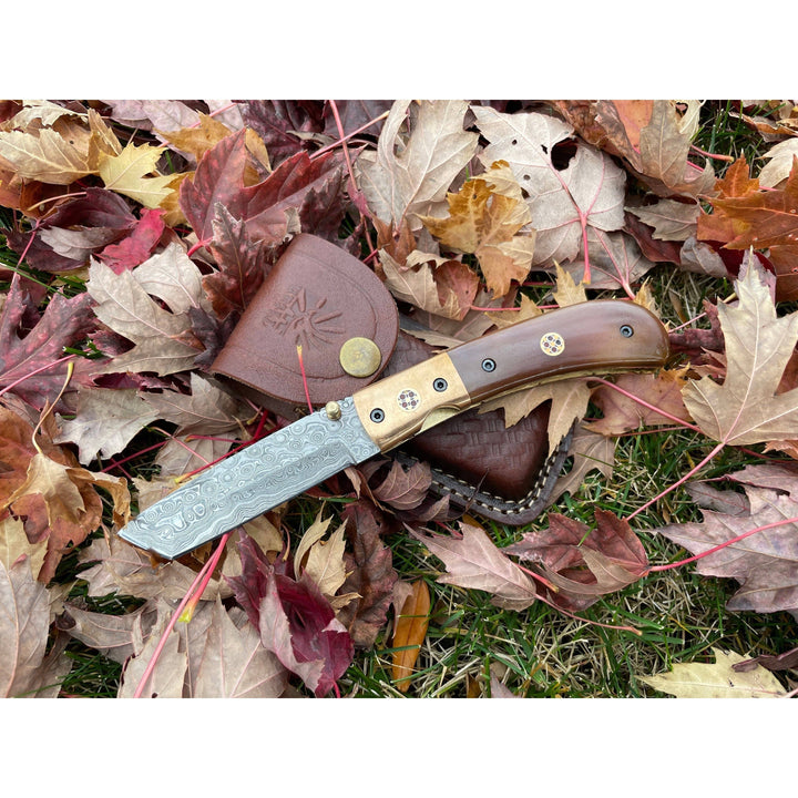 Damascus Steel Tanto Folding Knife with Dyed Bone