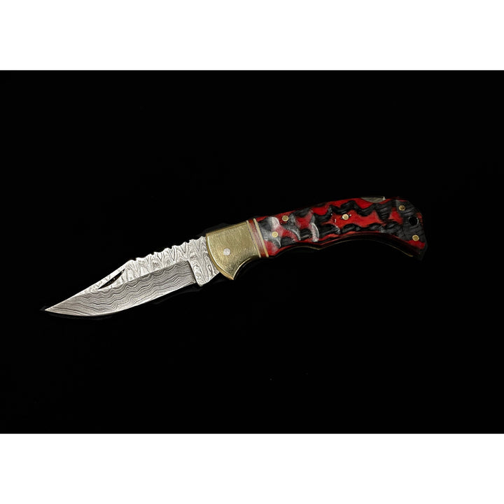 Red Damascus Steel Folding Knife